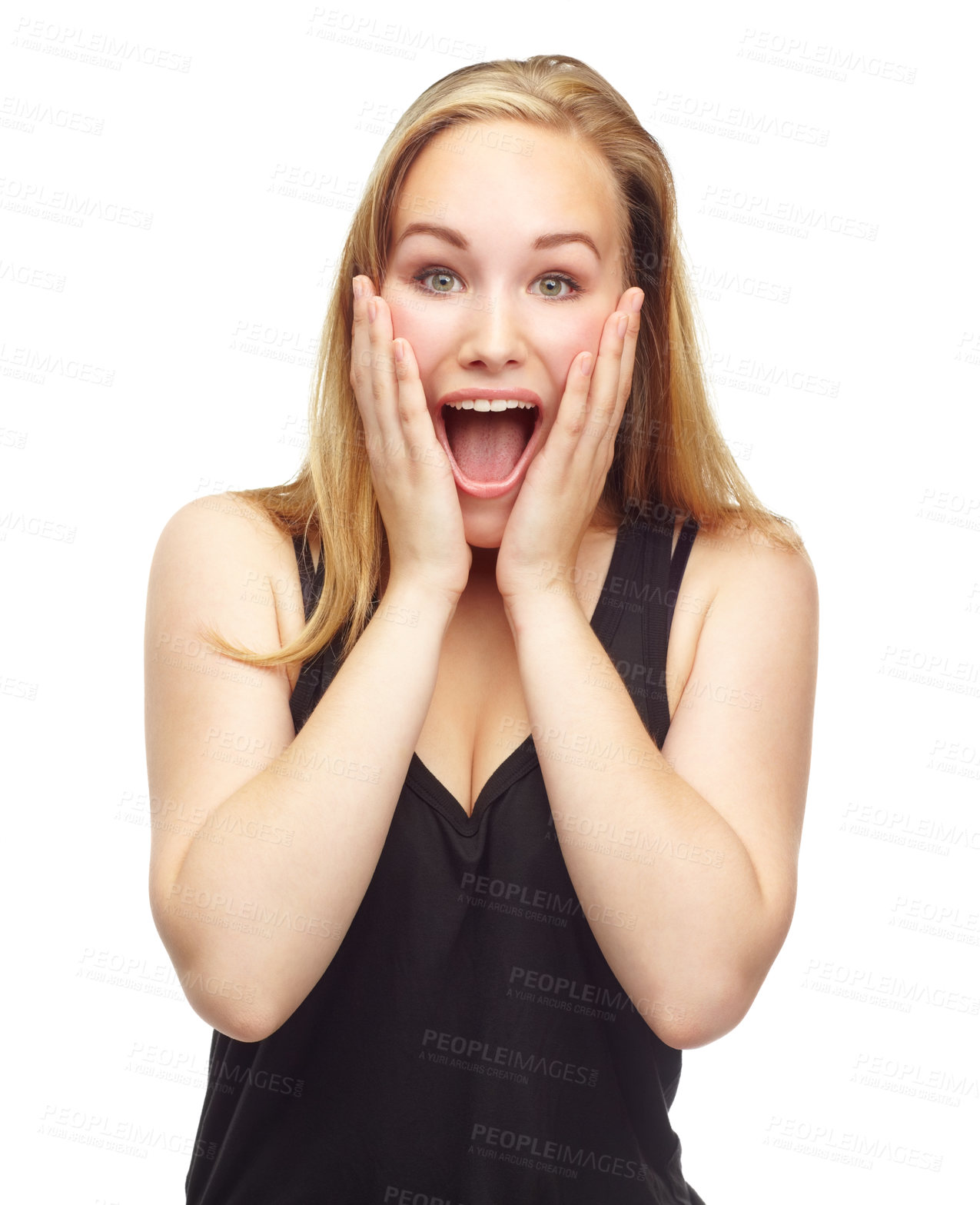 Buy stock photo Wow, woman and portrait in studio with news of announcement, surprise and discount deal with wtf expression. Person, face and surprised with giveaway winning lotto and sale offer on white background