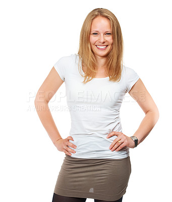 Buy stock photo Woman, portrait and smile for fashion and confident with hands on hips with stylish clothes for trendy look. Female person, isolated and white background in studio with casual outfit and face