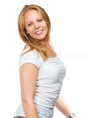 Buy stock photo Portrait, happy and woman model for fashion, smile and body on isolated white background. Confident attitude, mock up and contemporary from Canada with style, aesthetic or trendy clothes in studio 