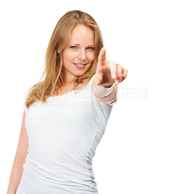 Buy stock photo Smile, portrait and woman with hand pointing at you in studio for news, deal or info on white background. Face, happy or female model show prize, vote or competition giveaway, promotion or offer