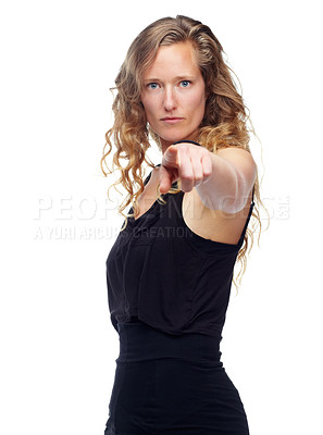 Buy stock photo Portrait, woman or hand pointing at you in studio for warning, threat or boundaries gesture on white background. Face, attention or female model with finger for accountability, change or vote choice
