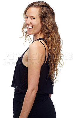 Buy stock photo Woman, portrait and laughing in studio, funny joke and fun or satisfaction on white background. Happy female person, comedy and smile for silly humor, goofy comic and positive for enjoyment on face
