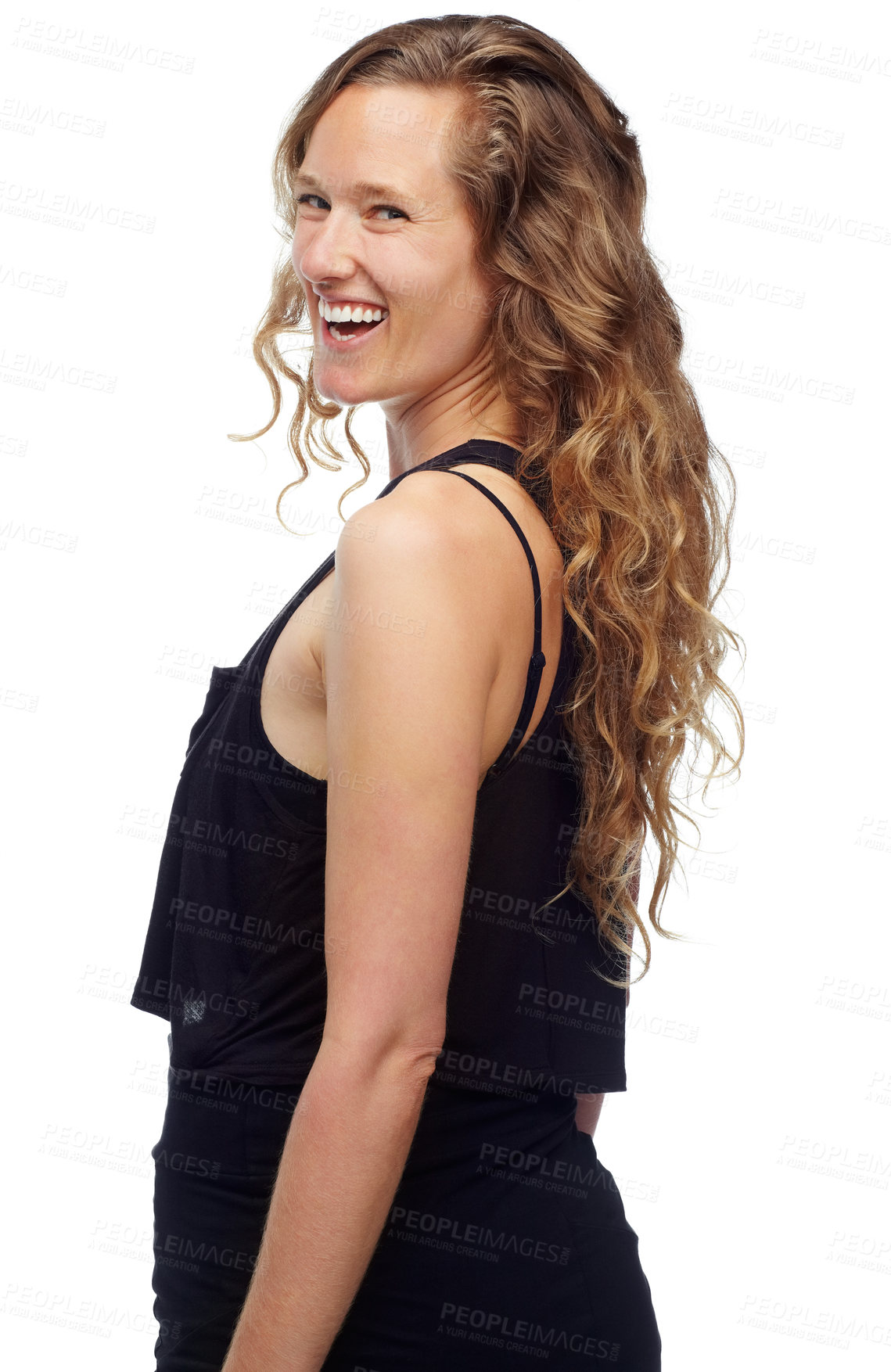 Buy stock photo Woman, portrait and laughing in studio, funny joke and fun or satisfaction on white background. Happy female person, comedy and smile for silly humor, goofy comic and positive for enjoyment on face