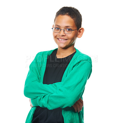 Buy stock photo Shot of a confident young boy standing with his arms folded in studio