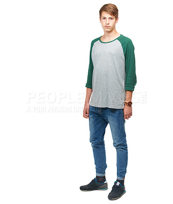 Buy stock photo A young teenage boy standing in a studio isolated on white