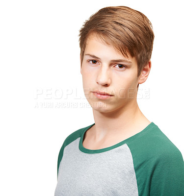 Buy stock photo Boy, portrait and serious in studio with casual outfit for school, teenager and innocent student. Person, isolated and white background with relaxed fashion for youth or preteen and middle adolescent
