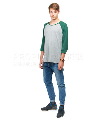 Buy stock photo Portrait, teenager and student isolated on studio background for fashion, casual and trendy clothes. Male person, youth and handsome model for funky style, contemporary looks and edgy clothing