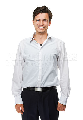 Buy stock photo Man, career and smile with studio, portrait and happiness for corporate job. Businessman, professional accountant and confident for work, startup and style for positivity isolated on white background