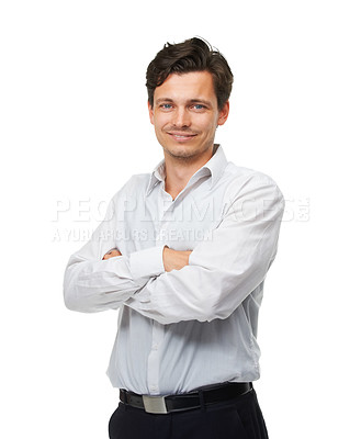 Buy stock photo Portrait, businessman and smile in studio with professional, formal and happy ready for office. Male person, joyful and confident with arms crossed, working and corporate look on white background