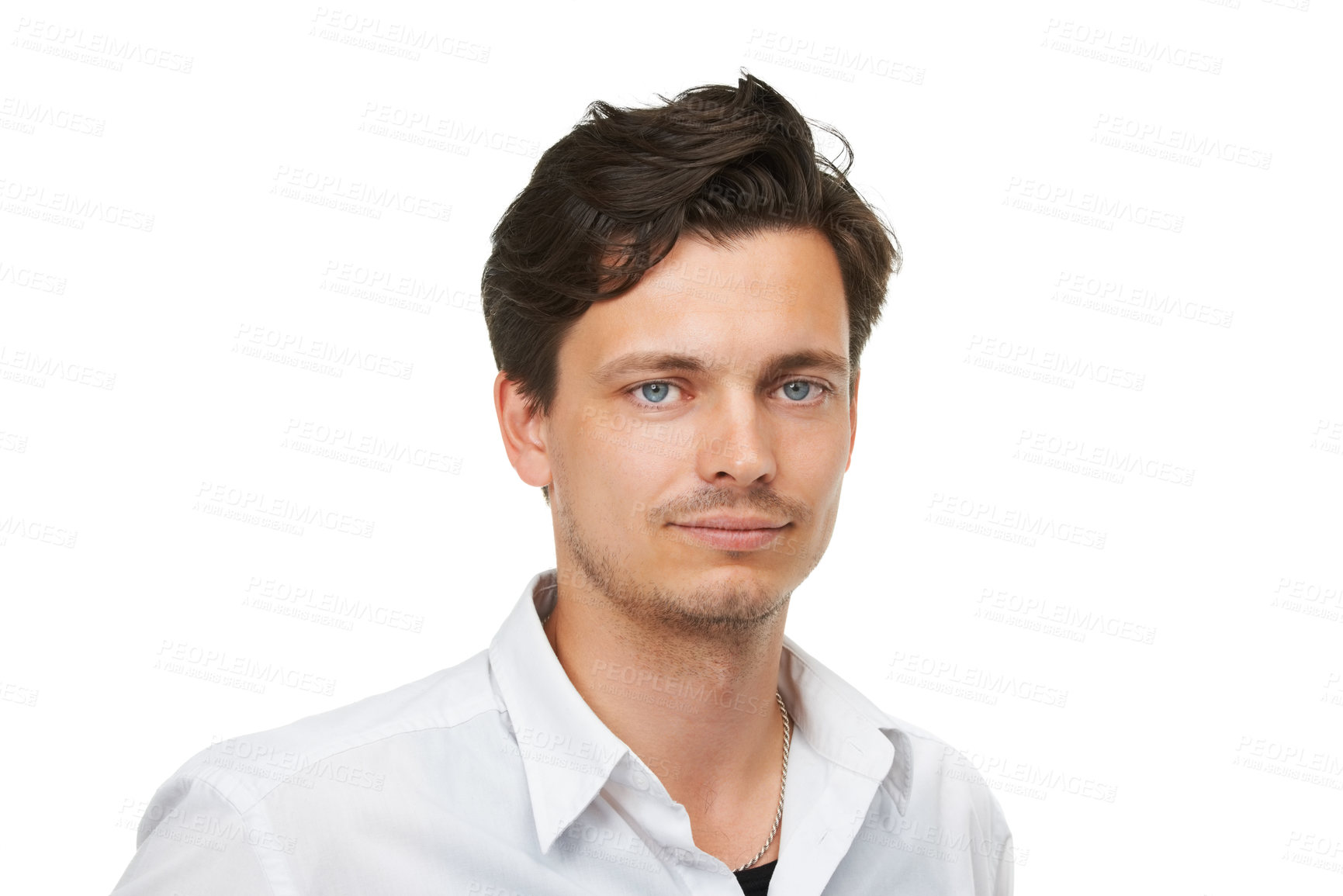 Buy stock photo Confidence, man and portrait for fashion, clothes and modelling in casual outfit on white background in edgy apparel, trendy style and smile. Male person, face and chic shirt isolated in studio