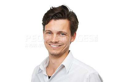 Buy stock photo Man, smile and portrait in studio while isolated on white background for clothes, fashion and style. Model, young person and attractive in shirt for businessman, intern or employee in Amsterdam 