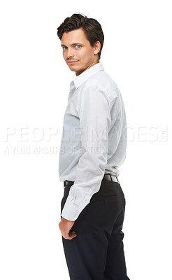 Buy stock photo Portrait, businessman and smile in studio with professional, formal and happy with confidence. Male person, corporate and working clothes on white background to relax, business style or career