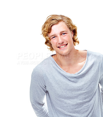 Buy stock photo Fashion, happy and portrait of man with smile for confidence, attractive and pride on white background. Studio, confident and face of isolated handsome young male person with trendy casual clothes