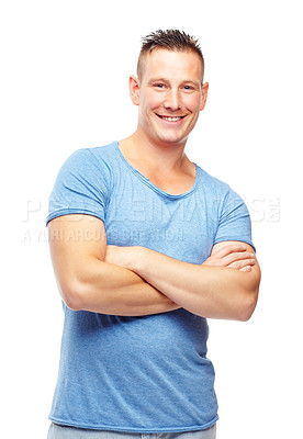 Buy stock photo Happy, portrait and man in studio with arms crossed for confidence, style and cool fashion. Male person, face and smile with expression for trendy, clothes and relax with pride on white background