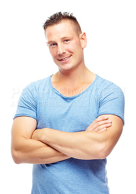 Buy stock photo Smile, portrait and man in studio with arms crossed for confidence, fashion or cool style with t-shirt. Male person, face and pride with happiness for casual, trendy and clothes on white background