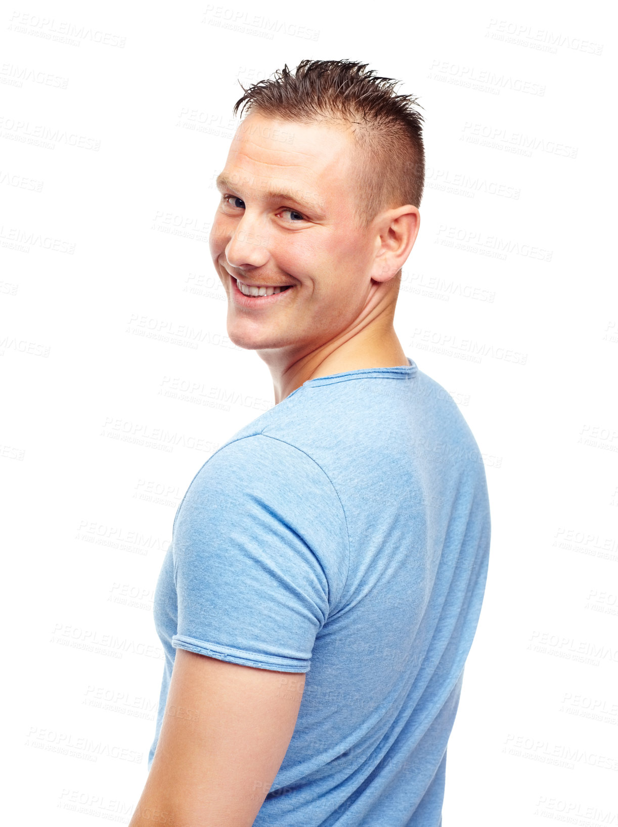 Buy stock photo Man, portrait and confidence for fashion, clothing and trendy style in casual looks on studio background with happiness, contemporary outfit and smile. Male person, model and face in blue t shirt
