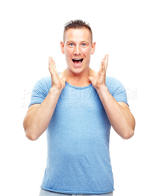 Buy stock photo Portrait, man and shock for surprise, good news and announcement in studio on white background. Excited, happy and male person with smile for hearing, wow, and amazing story, gossip and scoop