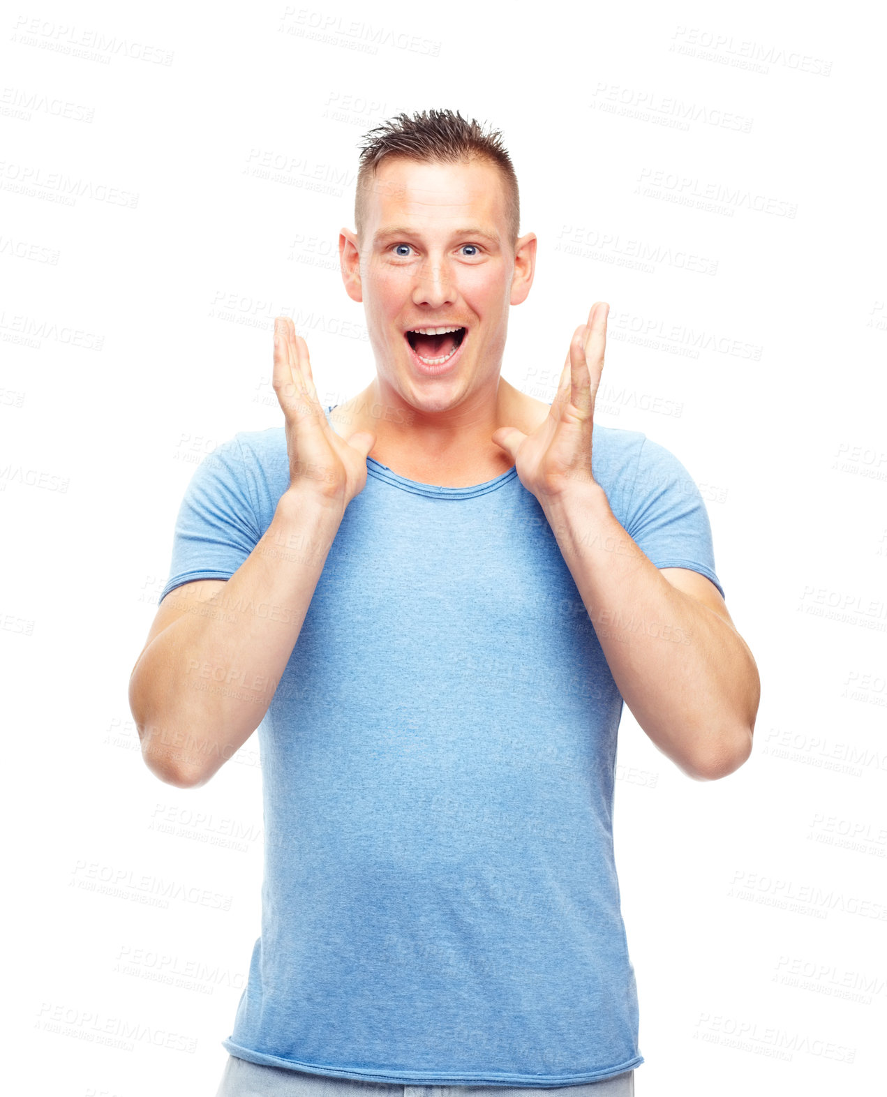 Buy stock photo Portrait, man and shock for surprise, good news and announcement in studio on white background. Excited, happy and male person with smile for hearing, wow, and amazing story, gossip and scoop