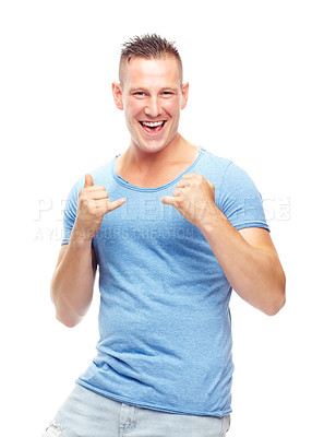 Buy stock photo Portrait, happy man and smile in studio confident, proud and excited on white background. Male person, facial expression and shaka gesture while standing casual, clothes and cheerful with happiness