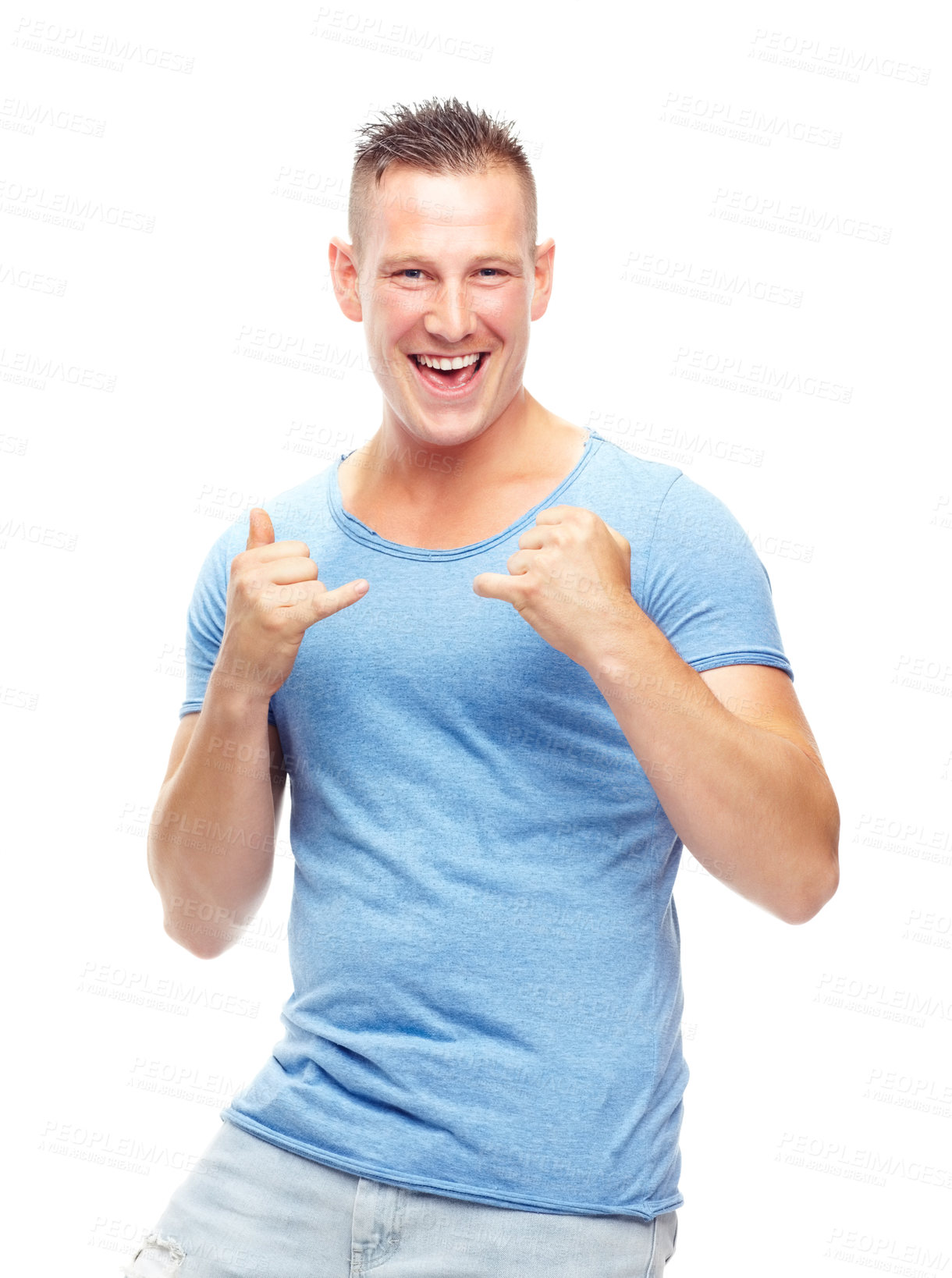 Buy stock photo Portrait, happy man and smile in studio confident, proud and excited on white background. Male person, facial expression and shaka gesture while standing casual, clothes and cheerful with happiness