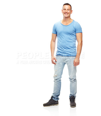 Buy stock photo Portrait, fashion and smile with casual man in studio isolated on white background for relaxed style. Model, clothes or confident and happy young person in denim jeans and tshirt clothing outfit
