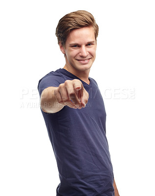 Buy stock photo Portrait, man and pointing gesture isolated on studio background with happiness, confidence and smile. Male person, model and face for fashion, clothing and trendy style in fashionable choice