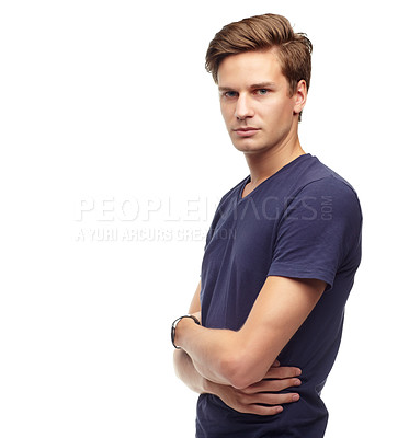 Buy stock photo Man, serious and portrait with white background for fashion with assertive look for model, casual and outfit with arms crossed. Male person, isolated in studio for copy space with relaxed t-shirt