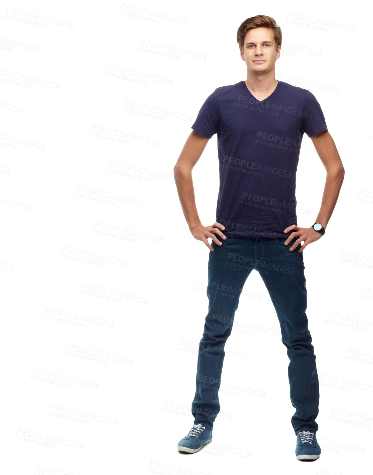 Buy stock photo Portrait, man and confident in studio with mockup space, standing and calm or facial expression. Fashion model, person and casual or clothes on white background with hands gesture or pose 

