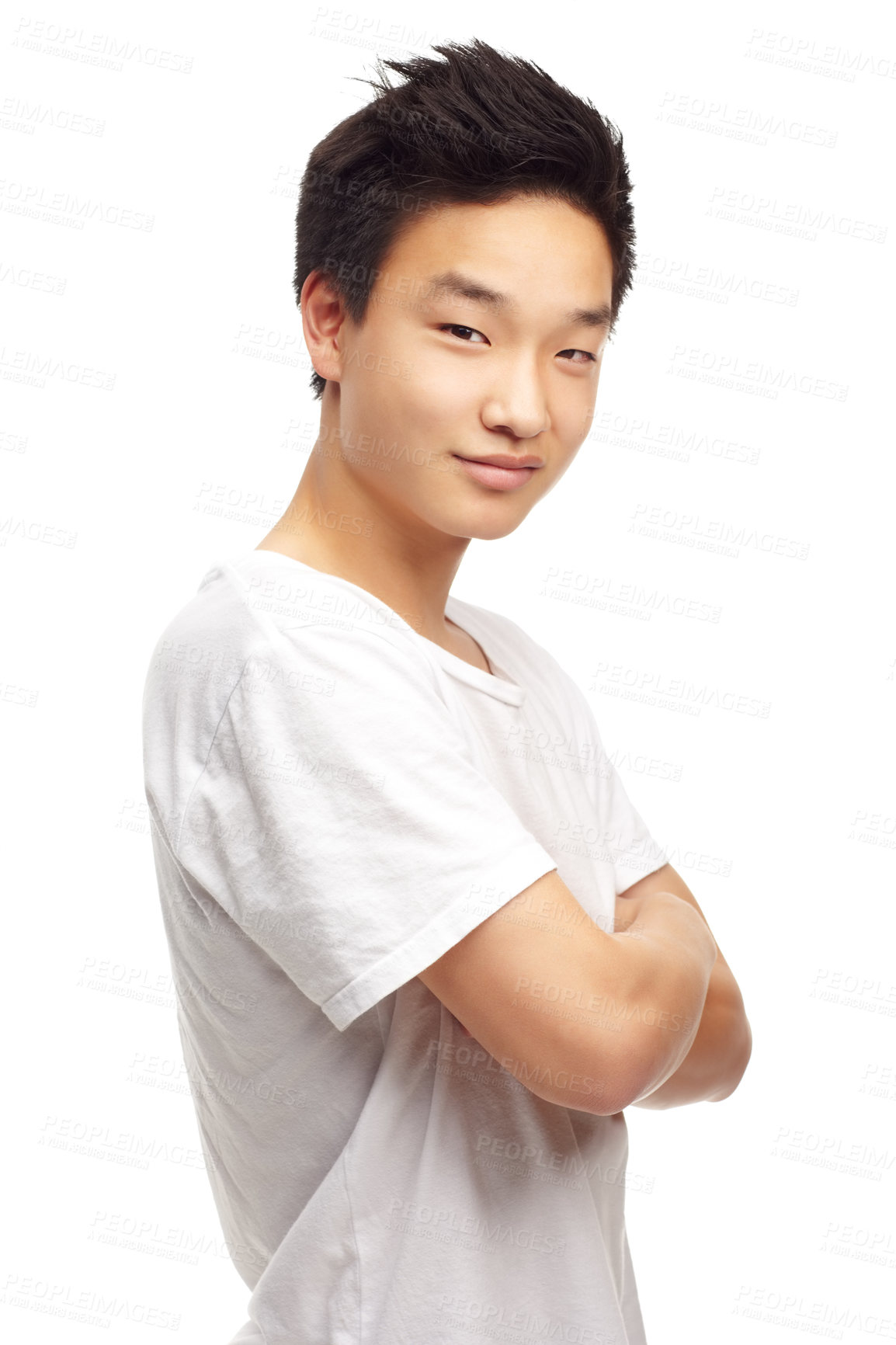 Buy stock photo Young asian man, portrait and arms crossed with smile, confidence and happiness by white background. Isolated japanese model, guy and happy with t-shirt, clothes or gen z aesthetic by studio backdrop