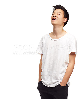 Buy stock photo Laughing, happy teenager and Asian male person in studio hearing funny joke with mockup. White background, laugh and happiness of a teenager with casual style and gen z fashion with youth and smile