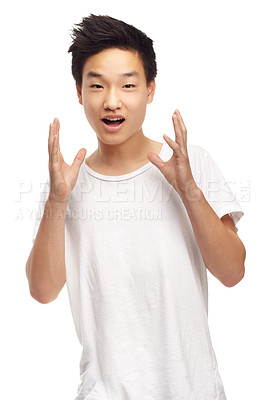 Buy stock photo A cropped portrait of a surprised looking young teen isolated on white