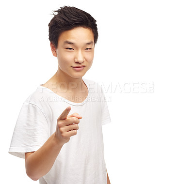 Buy stock photo Portrait, man and hand pointing at you with mockup in studio for choice, accountability or decision on white background. Face, vote or gen z model with finger gesture, invitation or volunteering call