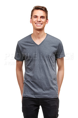 Buy stock photo Happy, fashion and portrait of man on a white background with confidence, attractive and pride in studio. Smile, confident and face of isolated handsome young male person with trendy casual clothes