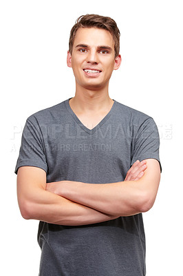 Buy stock photo Fashion, crossed arms and portrait of happy man in studio with confidence, attractive and pride on white background. Smile, style and face of isolated handsome male person with trendy casual clothes