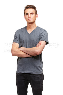 Buy stock photo Fashion, crossed arms and serious portrait of man with confidence, attractive and pride on white background. Studio, confident and face of isolated handsome male person with trendy casual clothes
