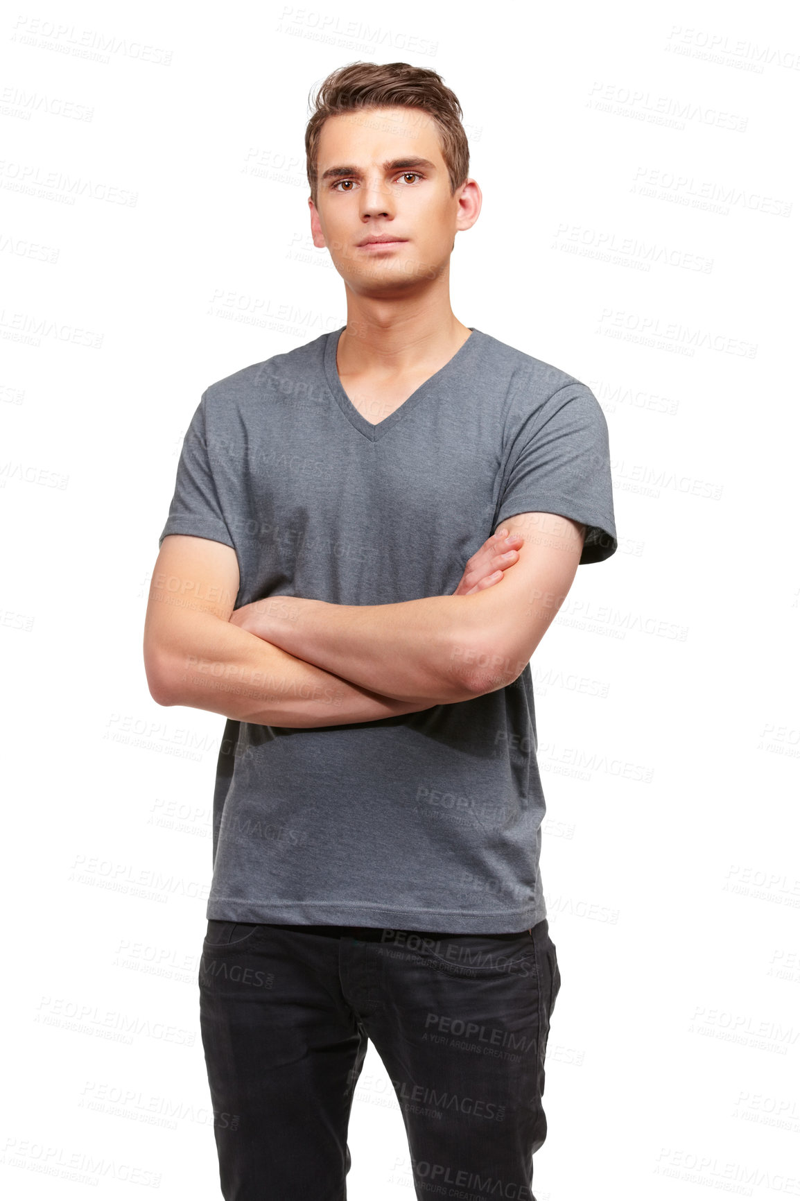 Buy stock photo Fashion, crossed arms and serious portrait of man with confidence, attractive and pride on white background. Studio, confident and face of isolated handsome male person with trendy casual clothes