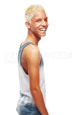 Buy stock photo Portrait, teen boy and smile in studio for fashion, trendy and happy on white background. Male person, face and stylish or cool while standing casual style, confident and cheerful with happiness