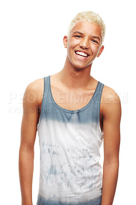 Buy stock photo Fashion, clothes and portrait for young man in studio on white background. Model, teen or gen z and smiling with vest and blond hair while isolated for edgy, cool and trendy apparel for style