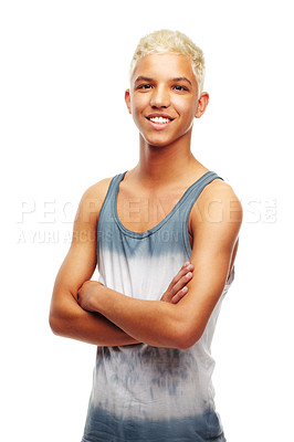 Buy stock photo Happy man, portrait and confidence with fashion for style or casual clothing on a white studio background. Face of young and handsome male person, blonde or model with smile or arms crossed on mockup