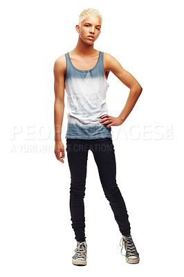 Buy stock photo Portrait, teen boy and confident in studio for fashion, trendy, edgy and style with pride. Teenager, model and stylish outfit on white background for casual, clothes and cool with attitude or glare