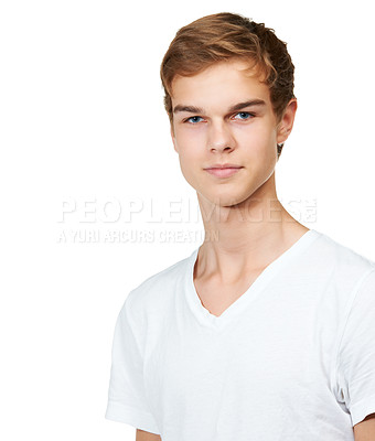 Buy stock photo Fashion, style and portrait of man in studio with confidence, attractive and pride on white background. Youth, confident and face of isolated handsome young male person with trendy casual clothes