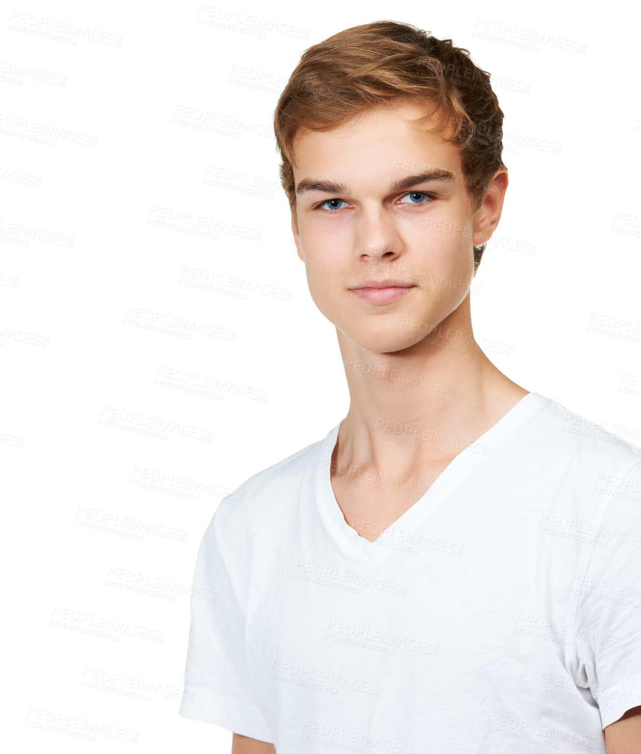 Buy stock photo Fashion, style and portrait of man in studio with confidence, attractive and pride on white background. Youth, confident and face of isolated handsome young male person with trendy casual clothes