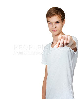 Buy stock photo Man, portrait and hand pointing at you with mockup in studio for choice, accountability or decision on white background. Face, vote or gen z model with finger gesture, invitation or volunteering call