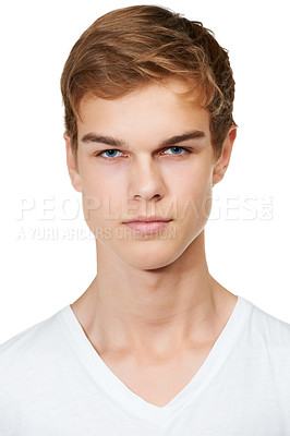 Buy stock photo Fashion, serious and portrait of man in studio with confidence, attractive and pride on white background. Youth, confident and face of isolated handsome young male person with focused expression