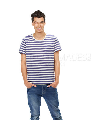 Buy stock photo Portrait, smile and young man pose with hands on jeans or in fashion tshirt or relax and isolated on white background. Happy, male person and confident model laugh in studio or cool and on mock up