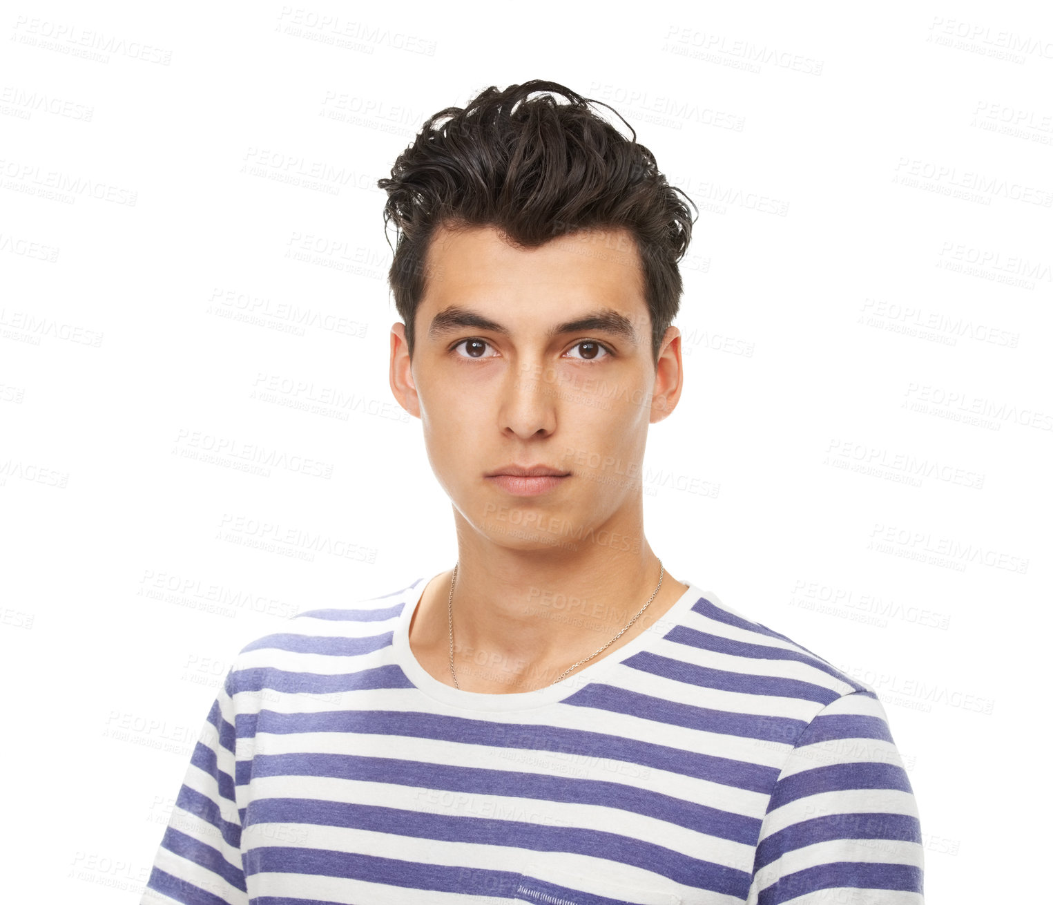 Buy stock photo Portrait, serious and man in shirt for fashion in studio isolated on a white background. Face, confidence and young person, model or student in casual clothes for trendy style on a backdrop in Mexico