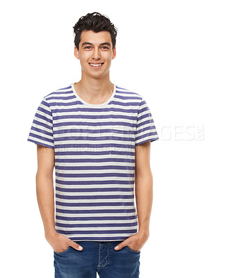 Buy stock photo Portrait, smile and young man pose with hands in pocket or attractive guy in fashion t-shirt or relax and isolated on white background. Handsome, adult and confident or style male person in studio 