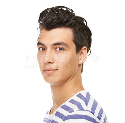 Buy stock photo Portrait, serious and man in studio for fashion isolated on a white background mockup space. Face, confidence and young person, model or student in casual clothes for style on a backdrop in Mexico