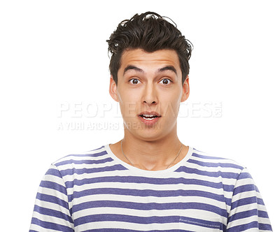 Buy stock photo Mexican man, portrait and surprise for clothes, fashion and model with shock, wow or wtf on studio background in edgy apparel, outfit or wardrobe. Male person, face or t shirt in trendy style