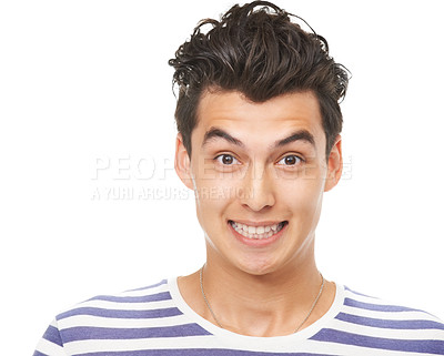 Buy stock photo Male, teenager and studio portrait of exciting news, announcement and happy deals for sale. Smile, customer and mockup space for advertise, amazing and omg for retail promotion and wow special 